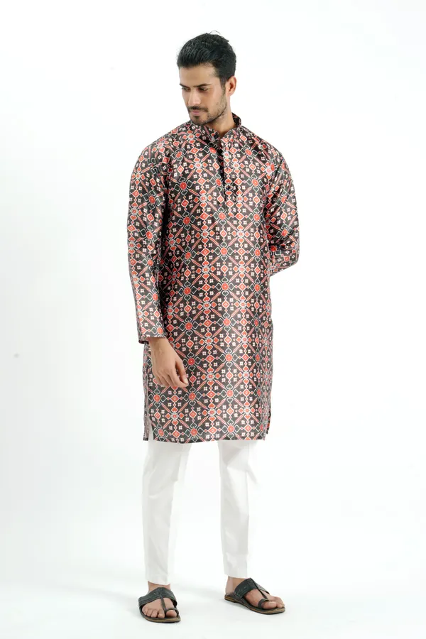 Black_And_Red_Silk_Printed_Kurta_For_Men