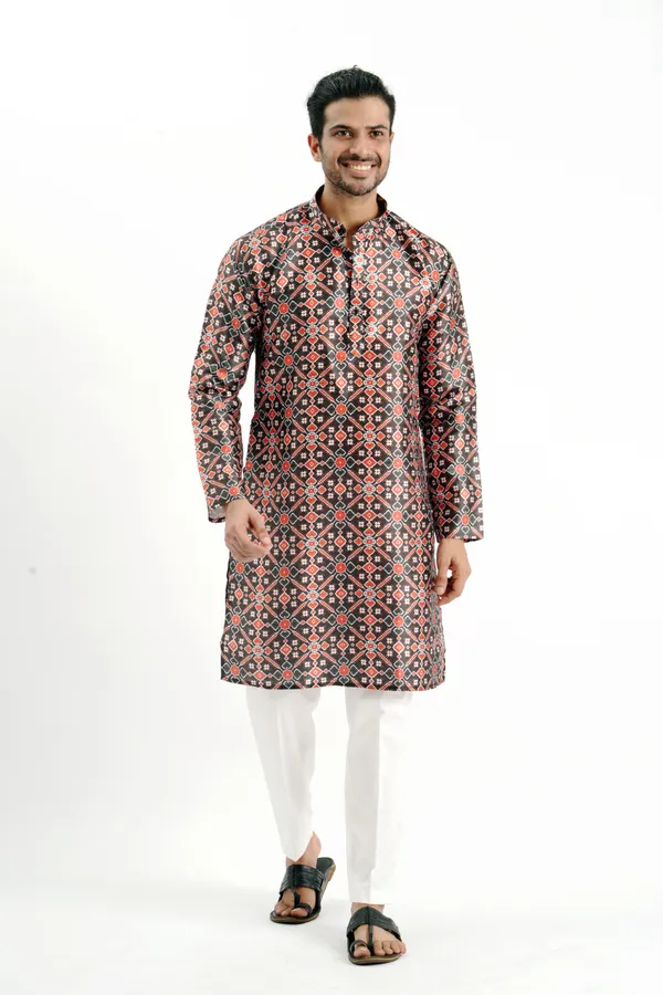 Black_And_Red_Silk_Printed_Kurta_For_Men