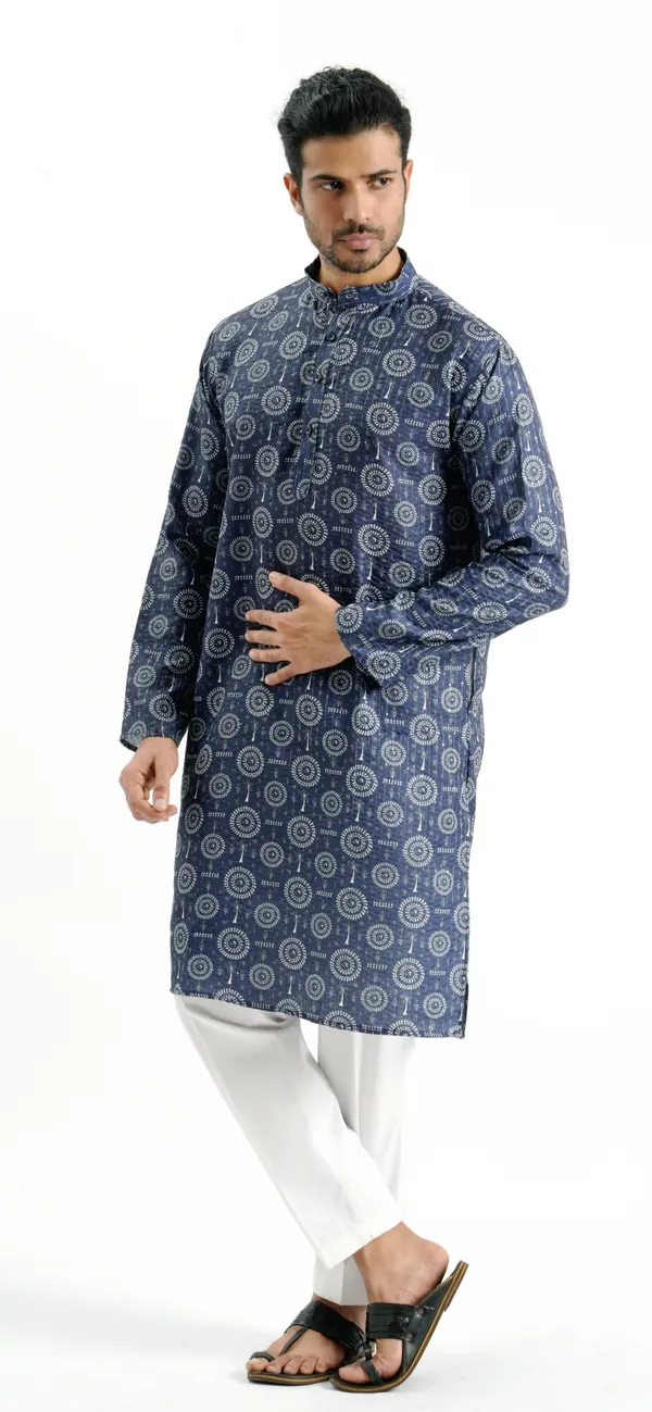 Blue_Crochet_Printed_Kurta_For_Men