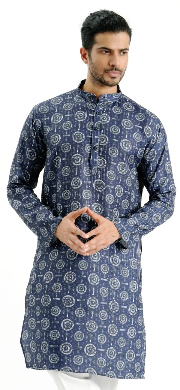 Blue_Crochet_Printed_Kurta_For_Men