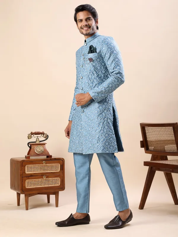 Blue_Floral_Indo_Western_Kurta_Set
