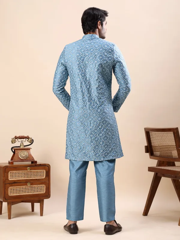 Blue_Floral_Indo_Western_Kurta_Set