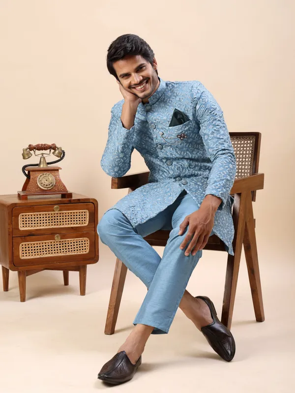 Blue_Floral_Indo_Western_Kurta_Set