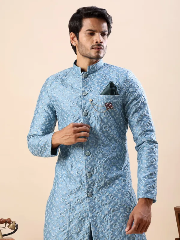 Blue_Floral_Indo_Western_Kurta_Set