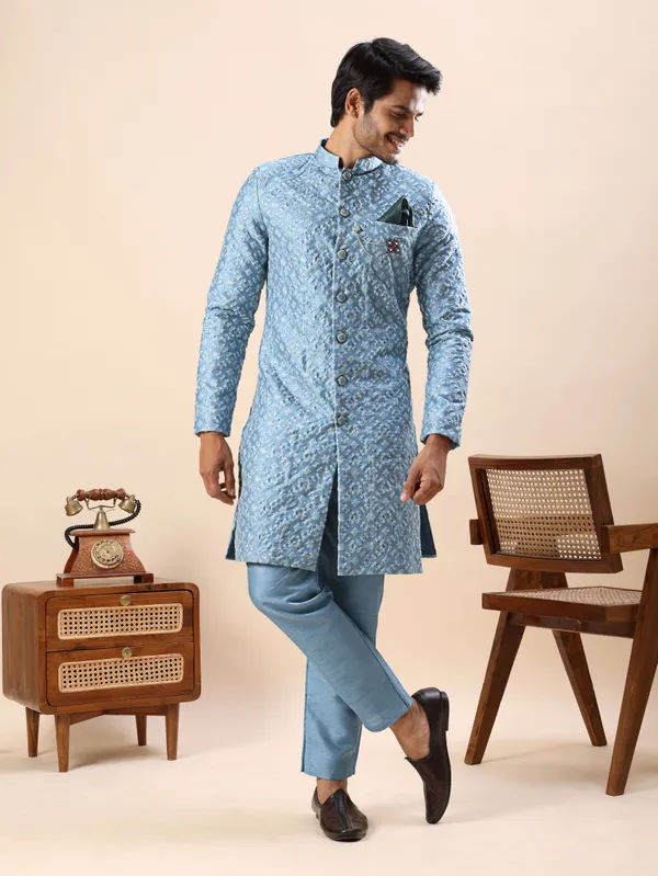 Blue_Floral_Indo_Western_Kurta_Set
