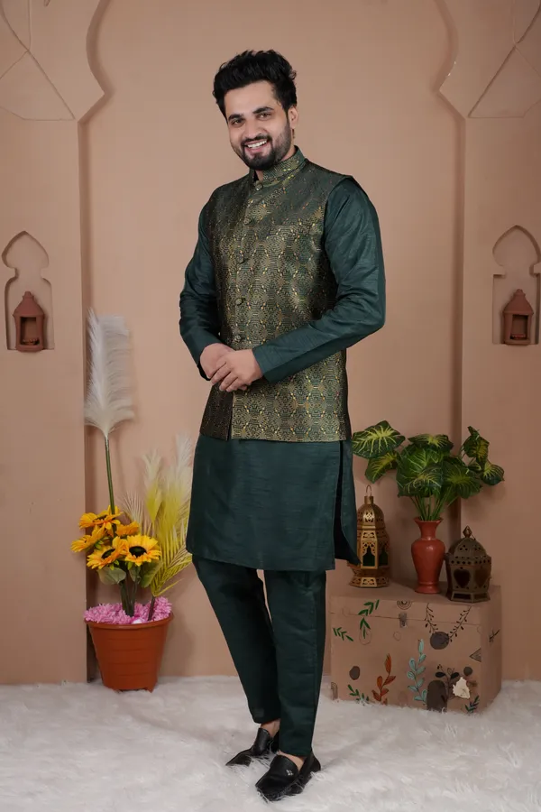 Bottle_Green_Jacquard_Kurta_Koti_Set_For_Men