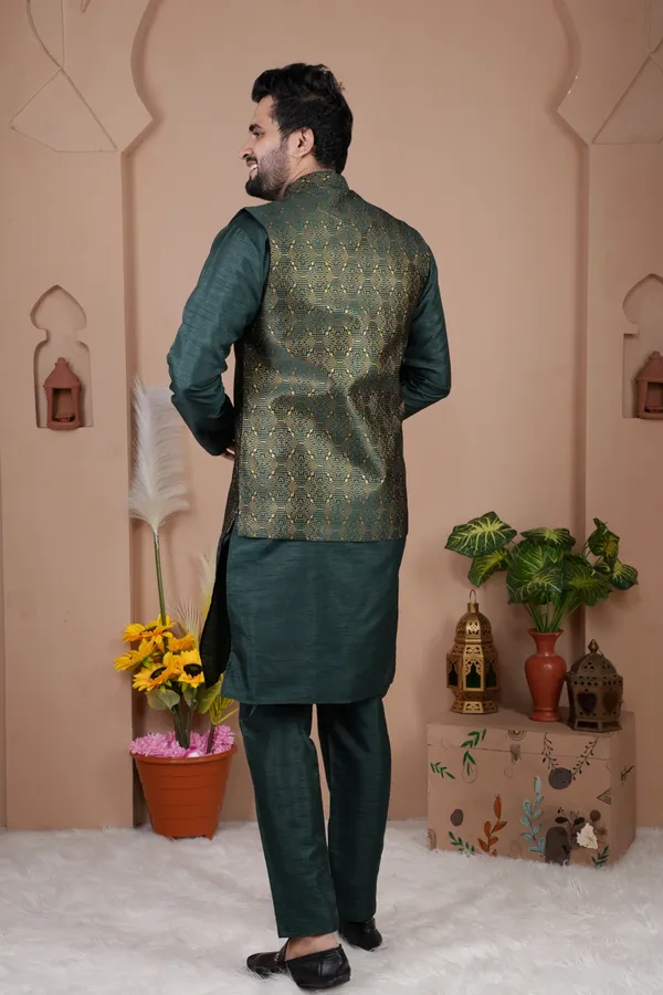 Bottle_Green_Jacquard_Kurta_Koti_Set_For_Men
