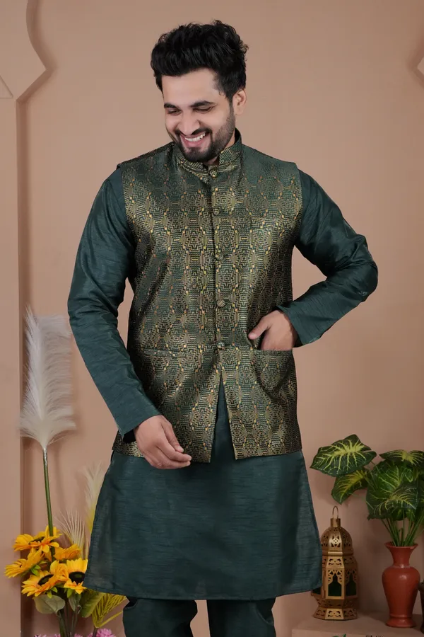 Bottle_Green_Jacquard_Kurta_Koti_Set_For_Men