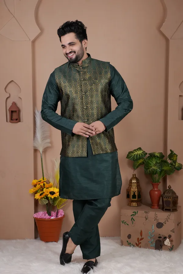 Bottle_Green_Jacquard_Kurta_Koti_Set_For_Men