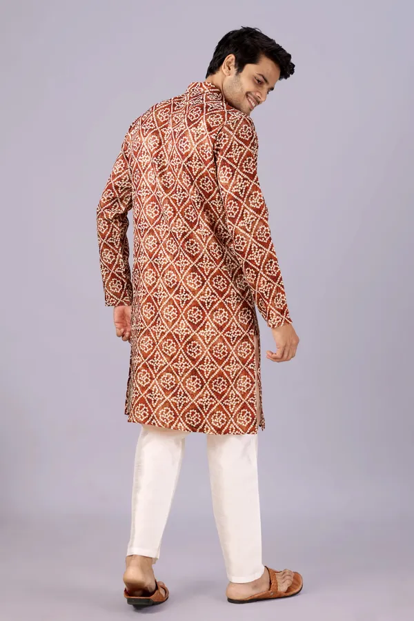 Brown_Box_Print_Crochet_Bandhani_Kurta_For_Men