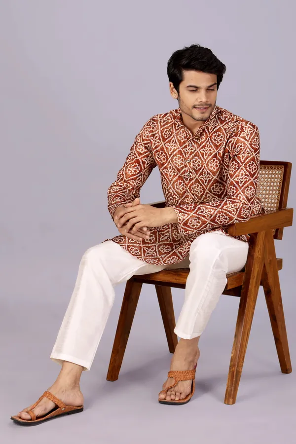 Brown_Box_Print_Crochet_Bandhani_Kurta_For_Men