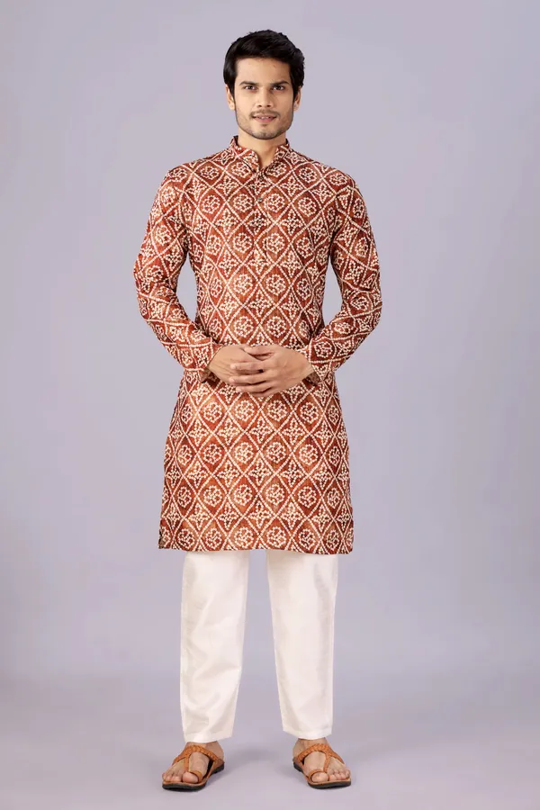 Brown_Box_Print_Crochet_Bandhani_Kurta_For_Men