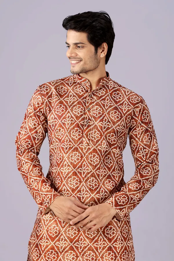 Brown_Box_Print_Crochet_Bandhani_Kurta_For_Men
