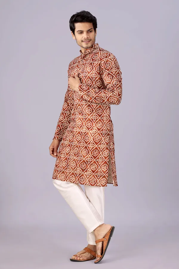 Brown_Box_Print_Crochet_Bandhani_Kurta_For_Men