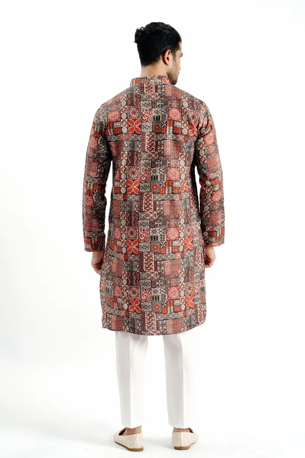 Brown_Box_Print_Crochet_Kurta_For_Men