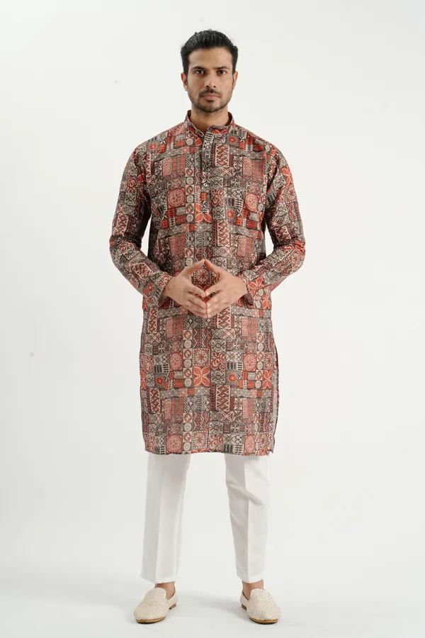 Brown_Box_Print_Crochet_Kurta_For_Men