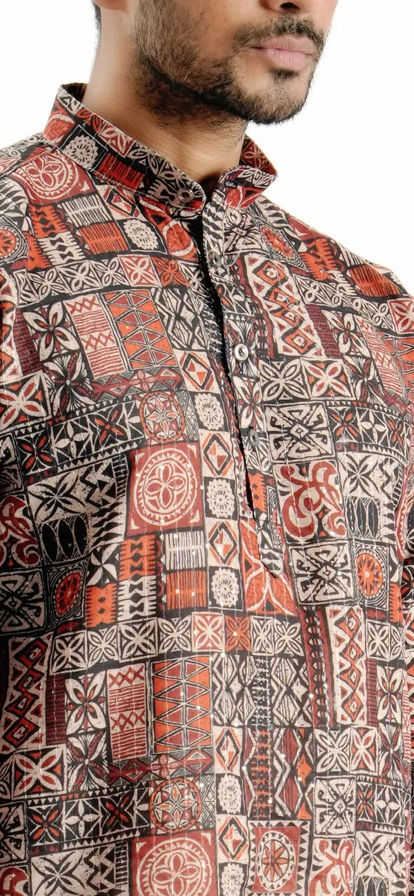Brown_Box_Print_Crochet_Kurta_For_Men