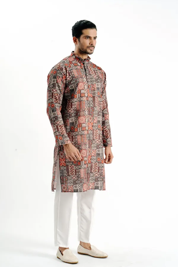 Brown_Box_Print_Crochet_Kurta_For_Men