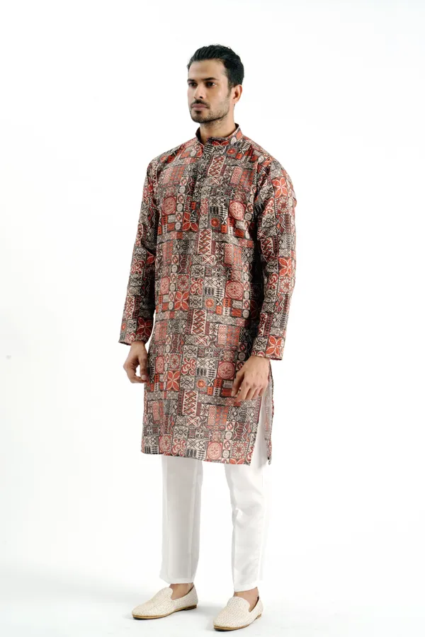 Brown_Box_Print_Crochet_Kurta_For_Men