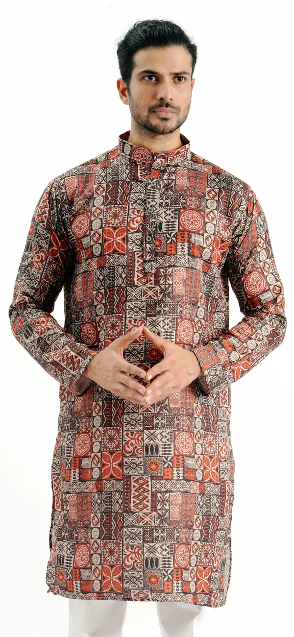 Brown_Box_Print_Crochet_Kurta_For_Men