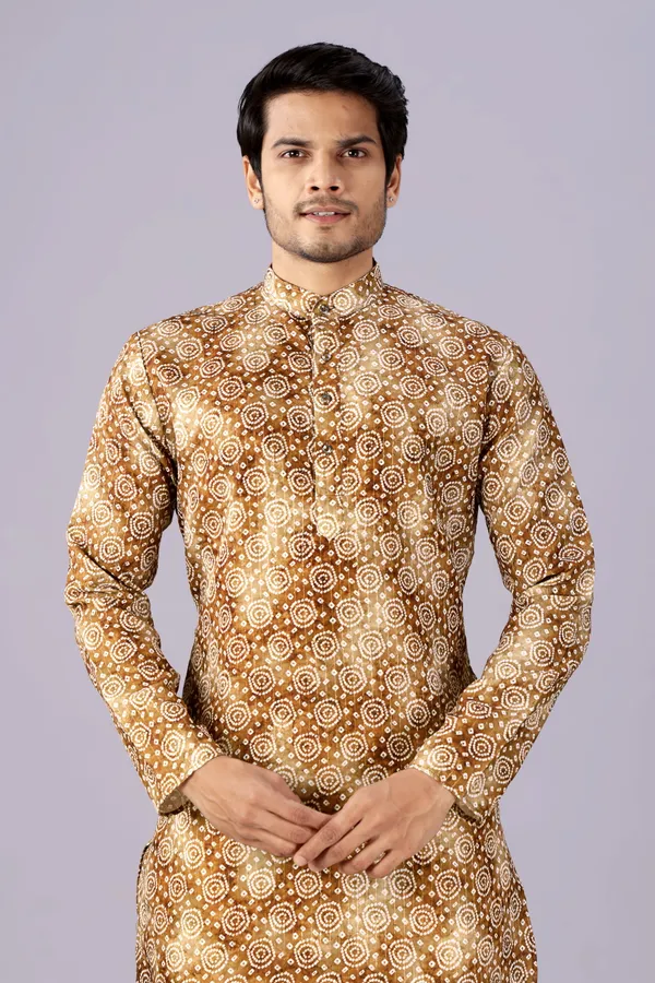 Brown_Circle_Print_Crochet_Bandhani_Kurta_For_Men