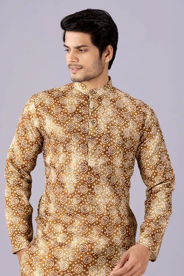 Brown_Circle_Print_Crochet_Bandhani_Kurta_For_Men
