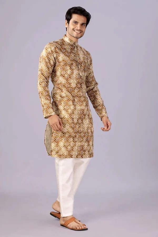 Brown_Circle_Print_Crochet_Bandhani_Kurta_For_Men