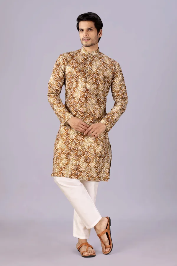 Brown_Circle_Print_Crochet_Bandhani_Kurta_For_Men