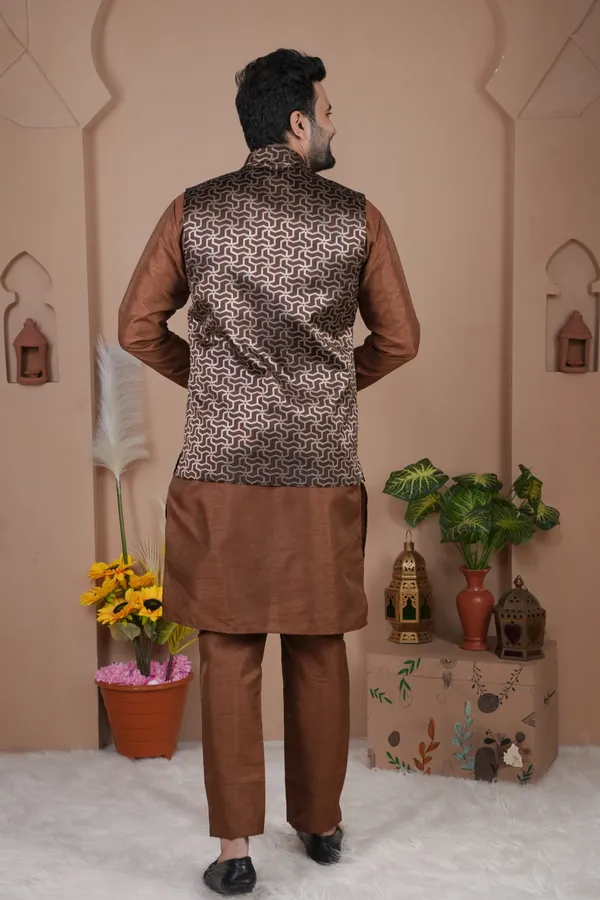 Brown_Jacquard_Kurta_Koti_Set_For_Men