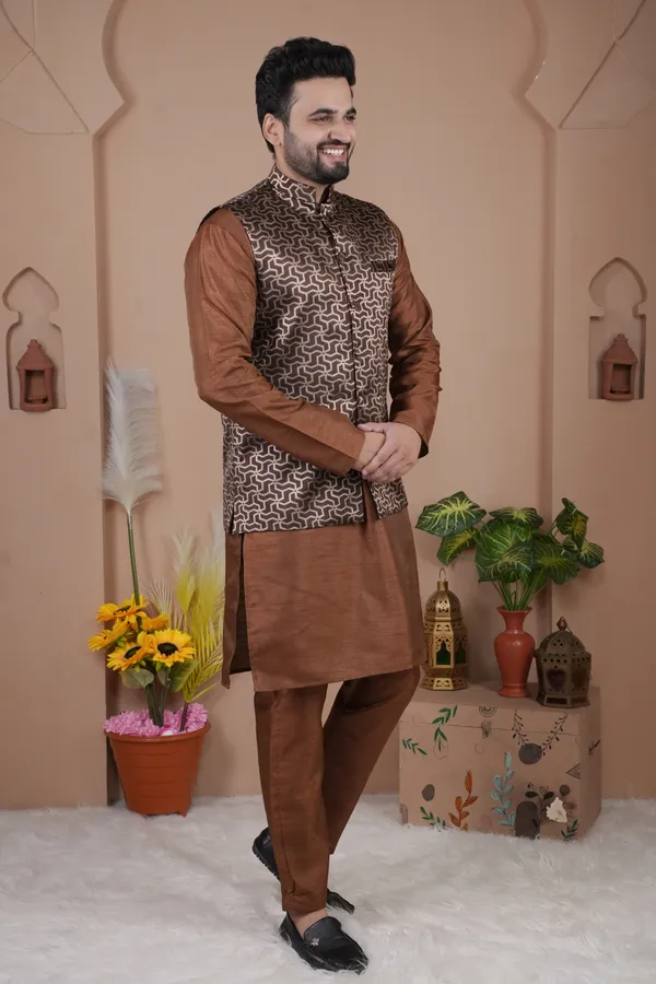 Brown_Jacquard_Kurta_Koti_Set_For_Men