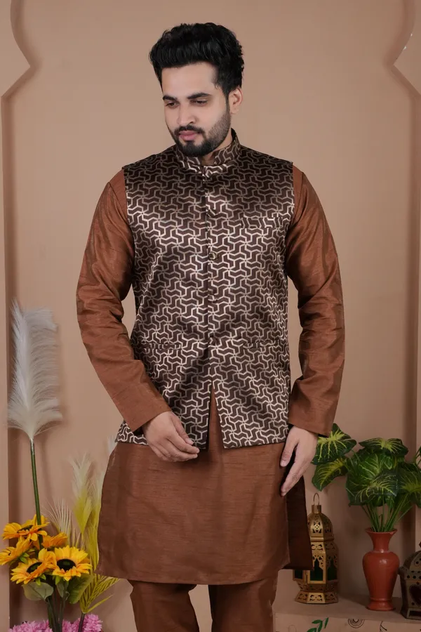 Brown_Jacquard_Kurta_Koti_Set_For_Men