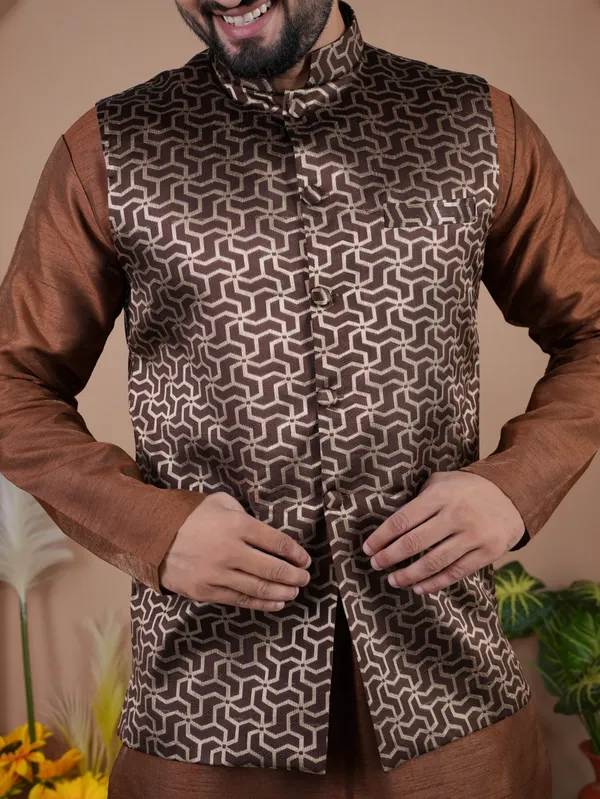 Brown_Jacquard_Kurta_Koti_Set_For_Men