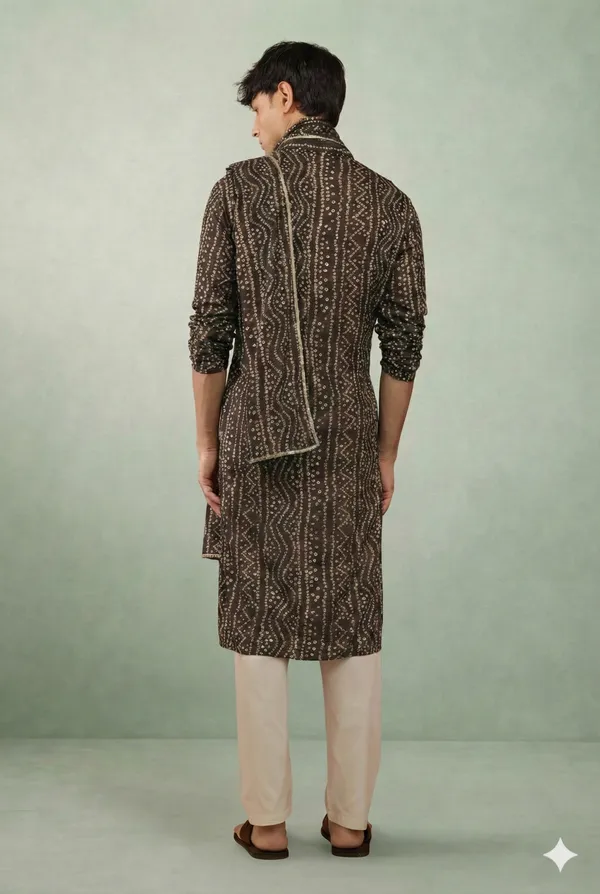 Chocolate_Bandhani_Dupatta_Kurta_Set_For_Men