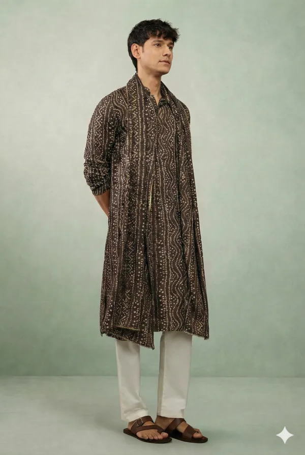 Chocolate_Bandhani_Dupatta_Kurta_Set_For_Men