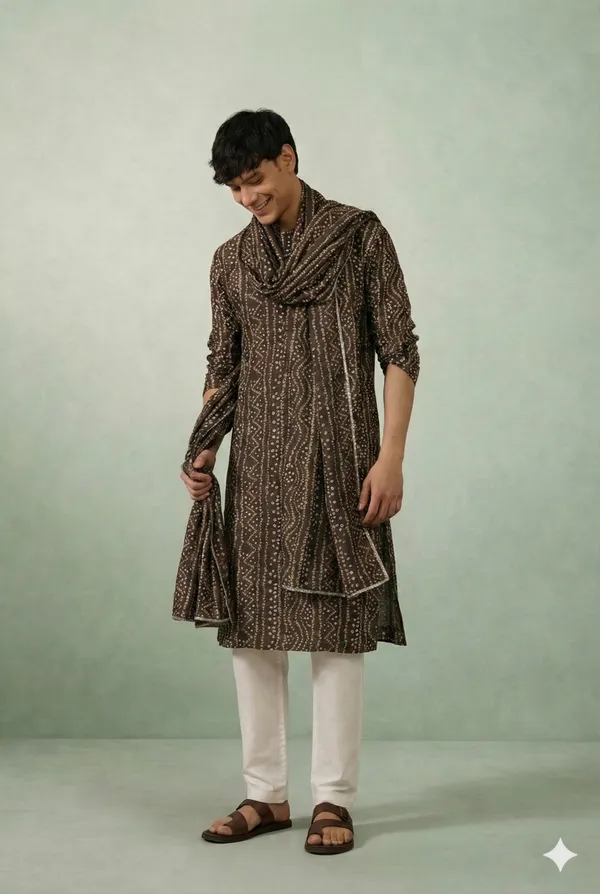 Chocolate_Bandhani_Dupatta_Kurta_Set_For_Men