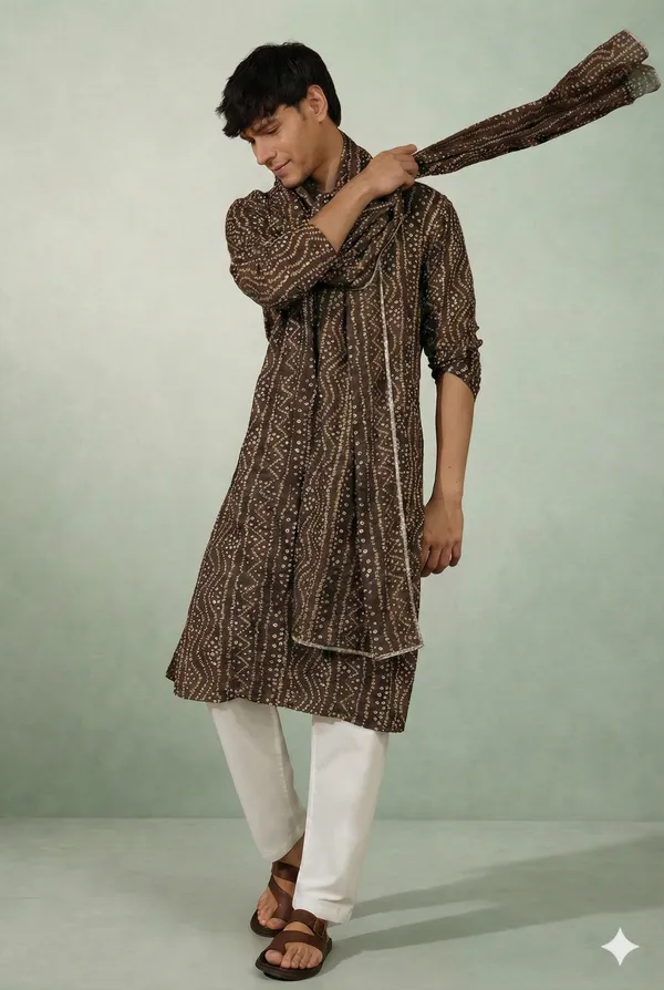 Chocolate_Bandhani_Dupatta_Kurta_Set_For_Men