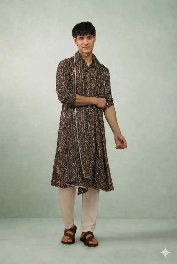 Chocolate_Bandhani_Dupatta_Kurta_Set_For_Men