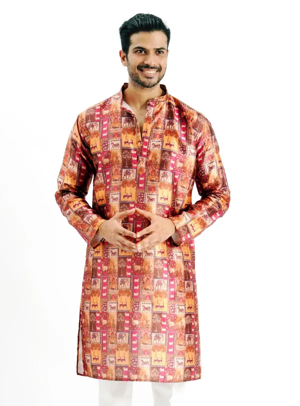 Chocolate_Silk_Printed_Kurta_For_Men