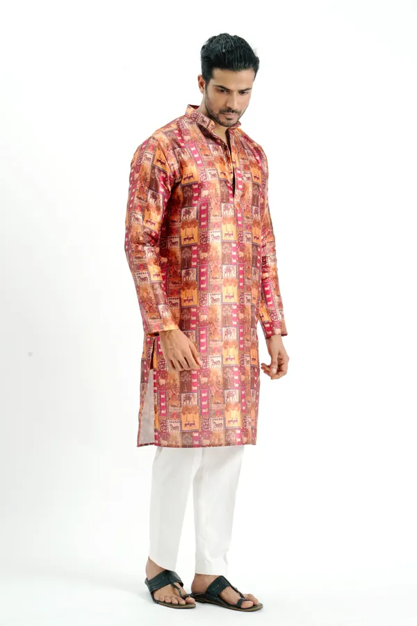 Chocolate_Silk_Printed_Kurta_For_Men