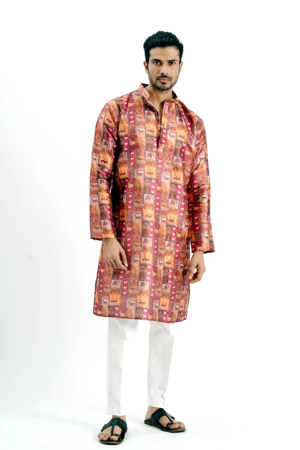 Chocolate_Silk_Printed_Kurta_For_Men