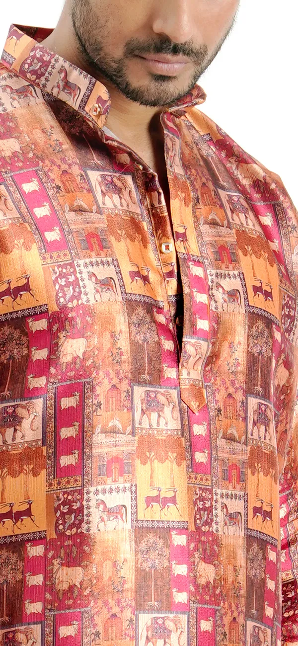 Chocolate_Silk_Printed_Kurta_For_Men
