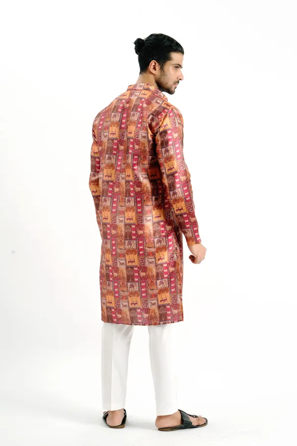 Chocolate_Silk_Printed_Kurta_For_Men
