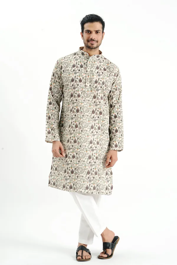 Cream_Crochet_Printed_Kurta_For_Men