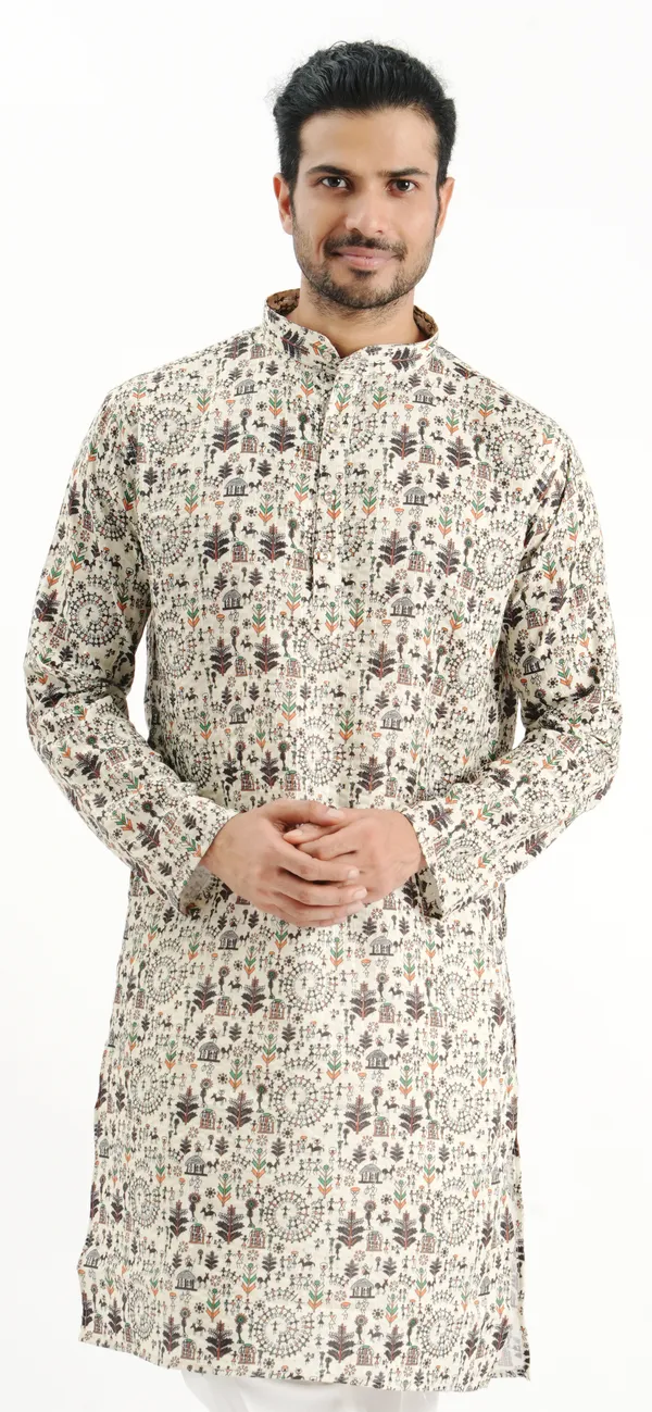Cream_Crochet_Printed_Kurta_For_Men
