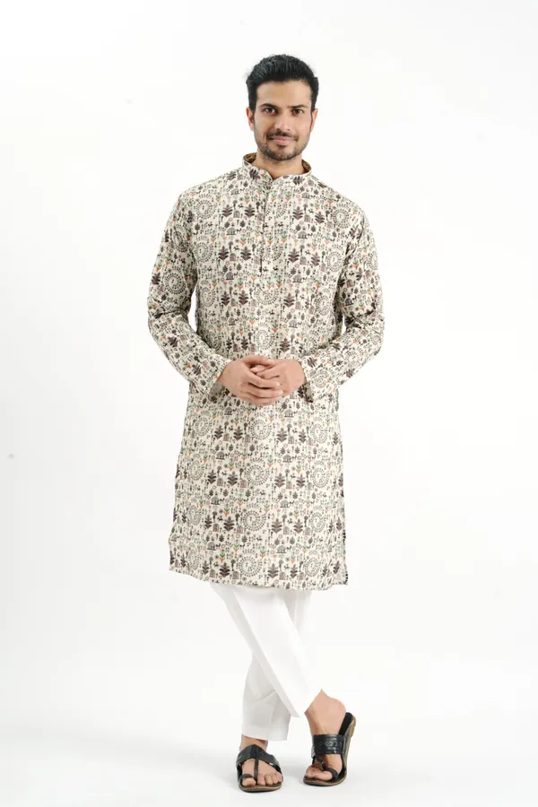 Cream_Crochet_Printed_Kurta_For_Men