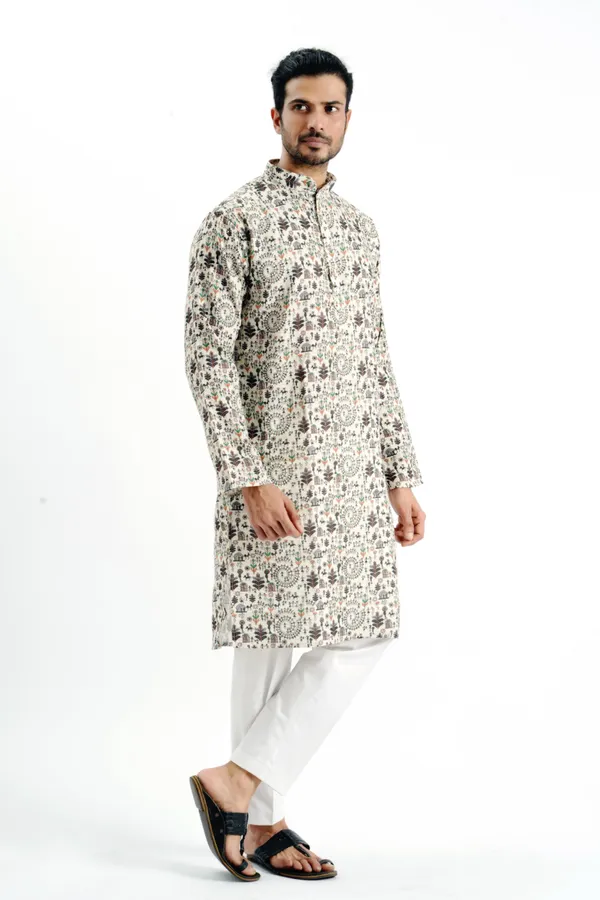 Cream_Crochet_Printed_Kurta_For_Men