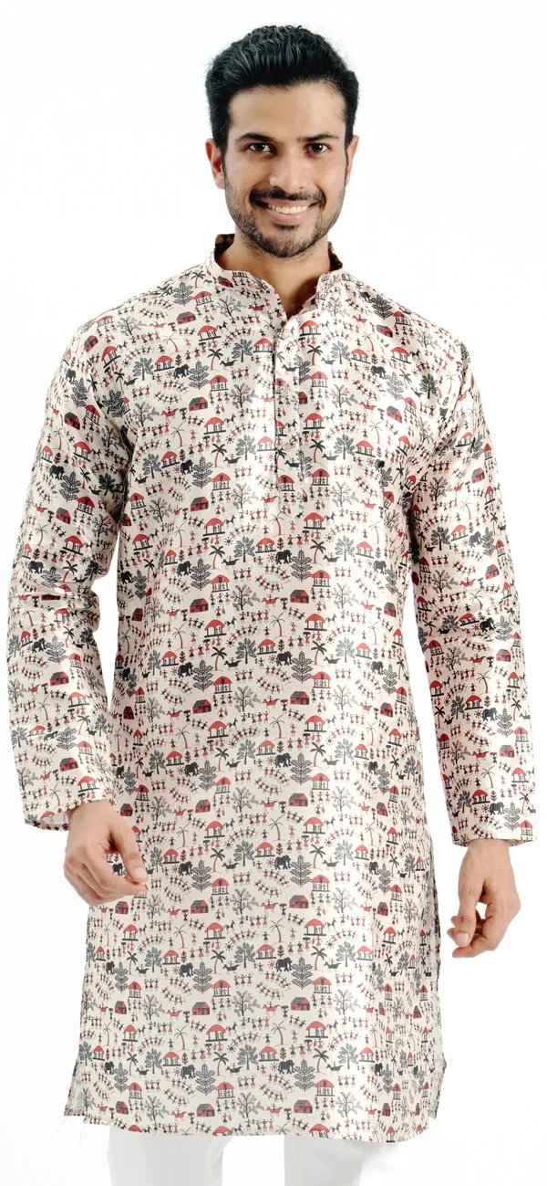 Cream_Silk_Printed_Kurta_For_Men