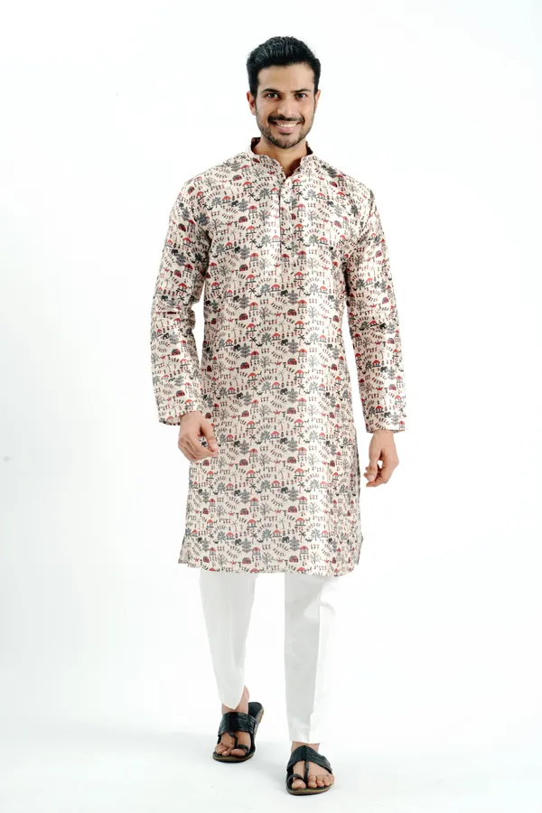 Cream_Silk_Printed_Kurta_For_Men