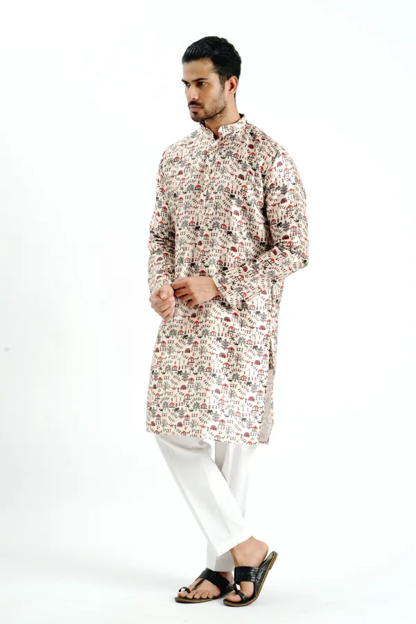 Cream_Silk_Printed_Kurta_For_Men