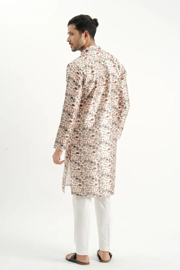 Cream_Silk_Printed_Kurta_For_Men
